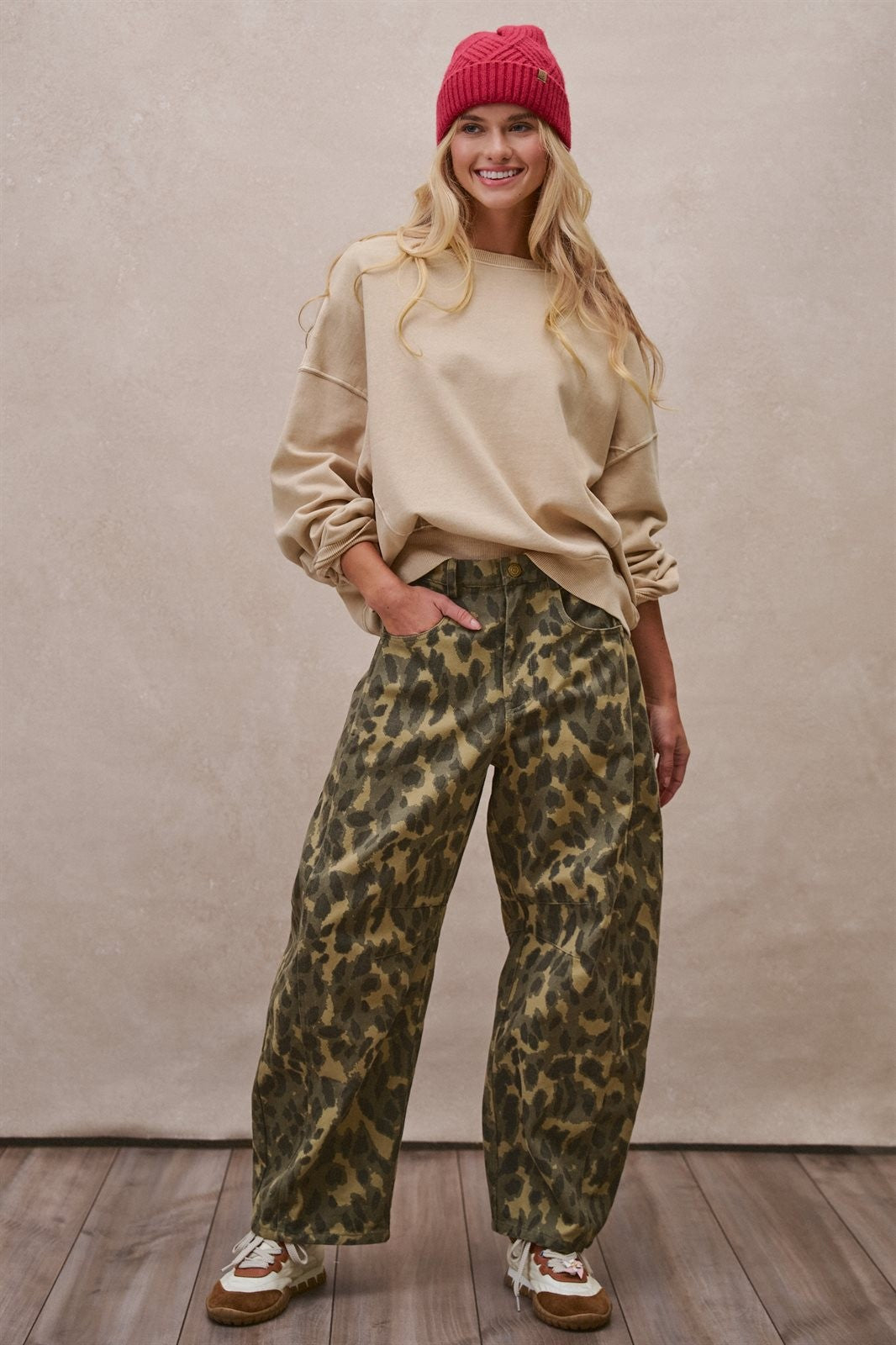 Camo Leopard Print Wide Leg Barrel Pant in Camo - Women's Wholesale Casual Pants | Trend Notes