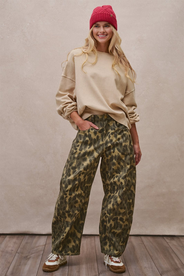 Camo Leopard Print Wide Leg Barrel Pant in Camo - Women's Wholesale Casual Pants | Trend Notes
