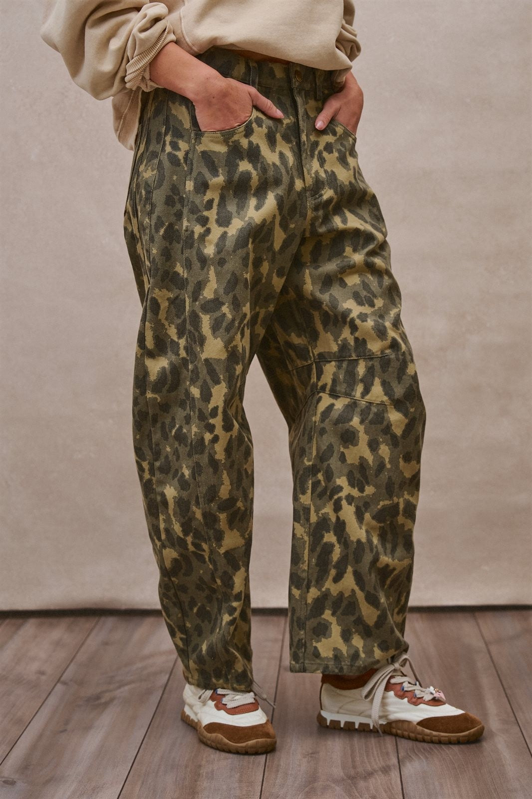 Camo Leopard Print Wide Leg Barrel Pant in Camo - Women's Wholesale Casual Pants | Trend Notes
