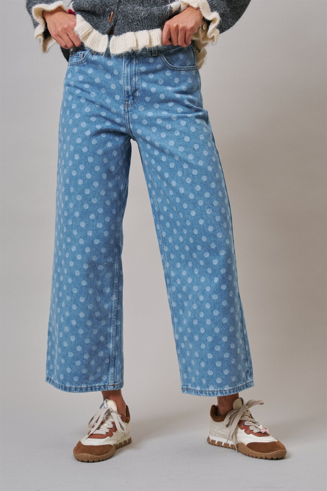 Polka Dot Wide Leg Denim Pants in Denim - Women's Wholesale Casual Pants | Trend Notes