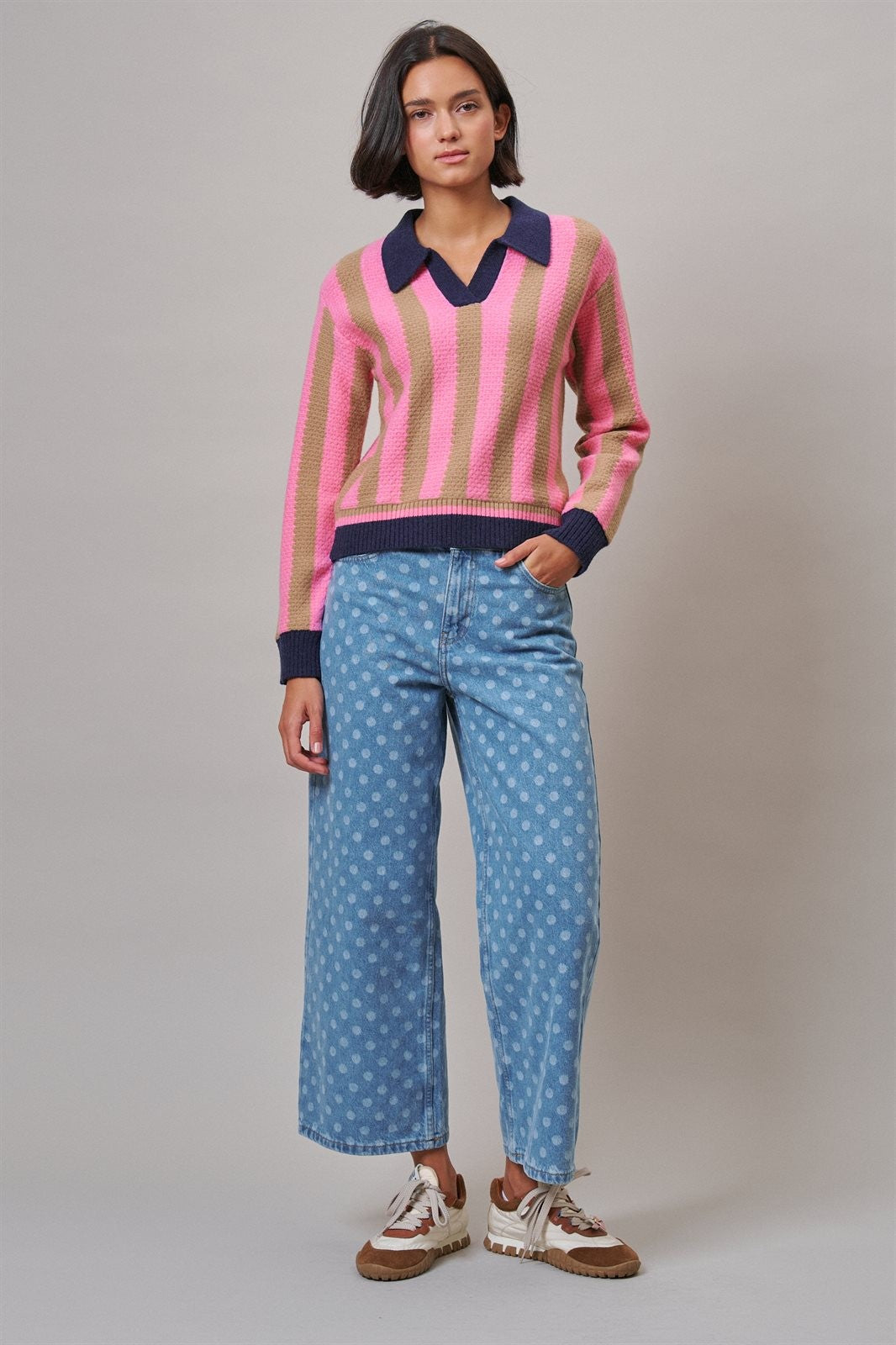 Polka Dot Wide Leg Denim Pants in Denim - Women's Wholesale Casual Pants | Trend Notes