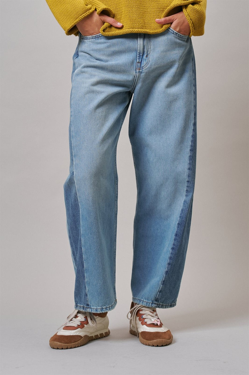 Two Tone Barrel Jeans Wide Leg High Rise Denim in Denim Blue - Women's Wholesale Barrel Jeans | Trend Notes