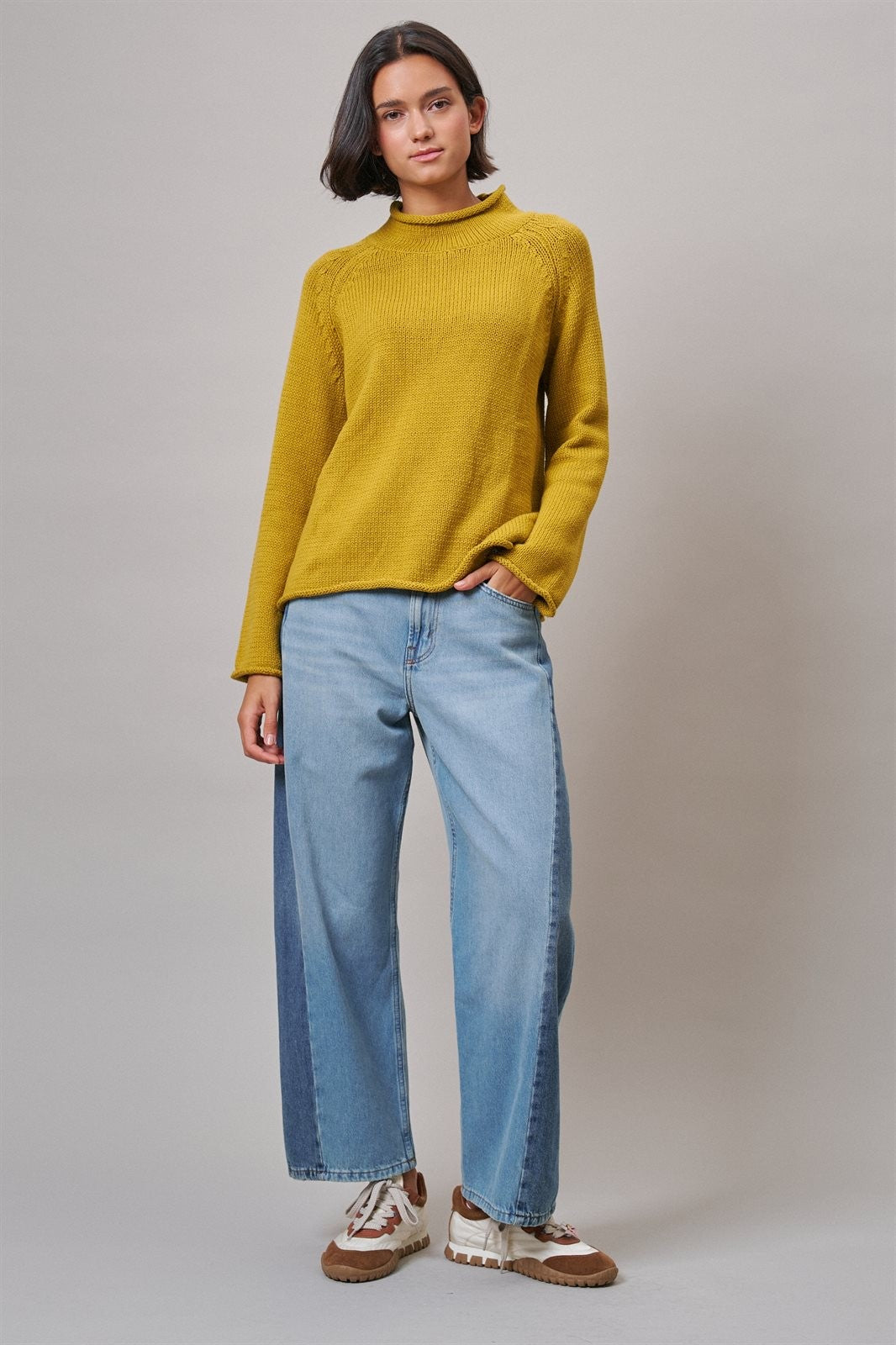 Two Tone Barrel Jeans Wide Leg High Rise Denim in Denim Blue - Women's Wholesale Barrel Jeans | Trend Notes