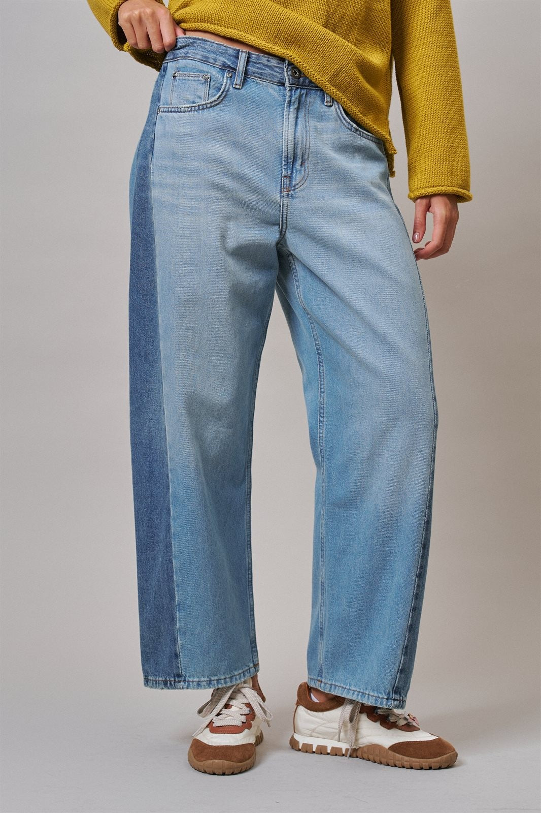 Two Tone Barrel Jeans Wide Leg High Rise Denim in Denim Blue - Women's Wholesale Barrel Jeans | Trend Notes