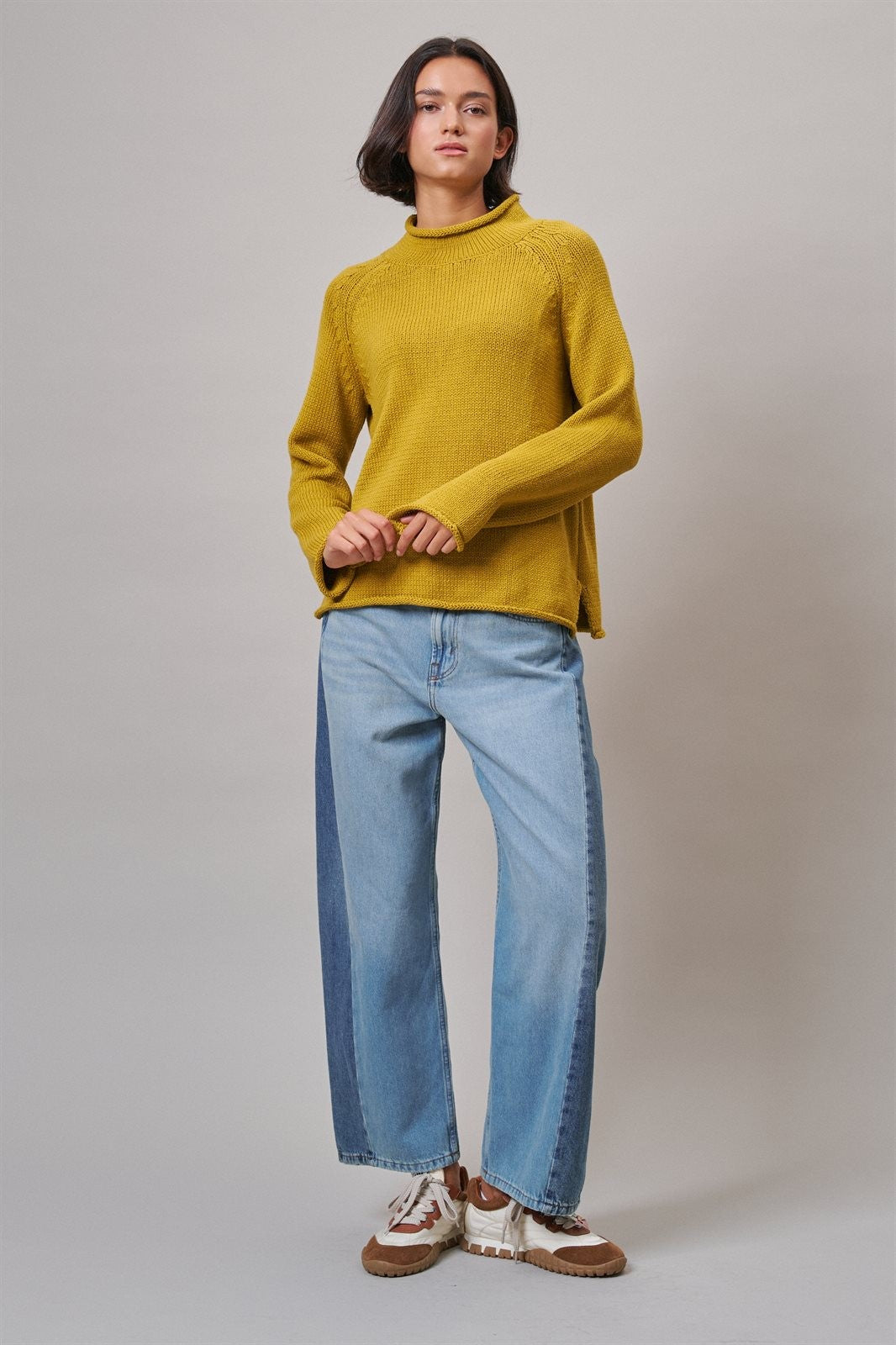 Two Tone Barrel Jeans Wide Leg High Rise Denim in Denim Blue - Women's Wholesale Barrel Jeans | Trend Notes