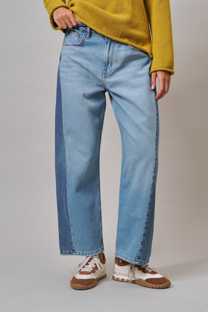 Two Tone Barrel Jeans Wide Leg High Rise Denim in Denim Blue - Women's Wholesale Barrel Jeans | Trend Notes