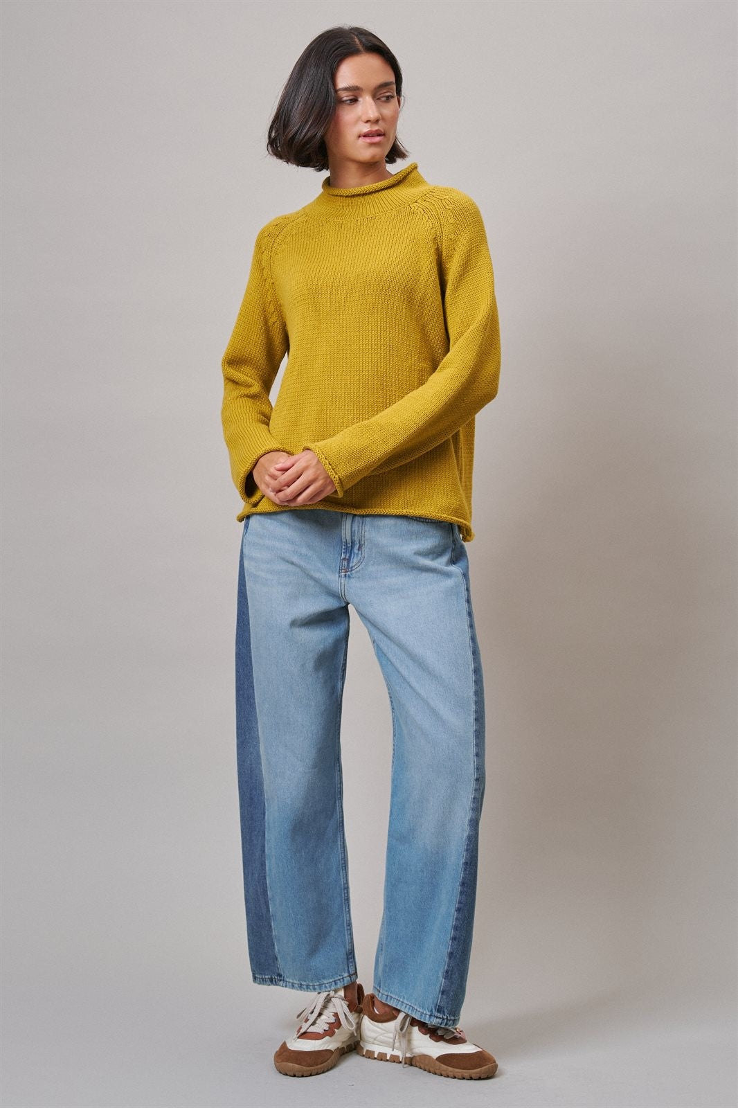 Two Tone Barrel Jeans Wide Leg High Rise Denim in Denim Blue - Women's Wholesale Barrel Jeans | Trend Notes