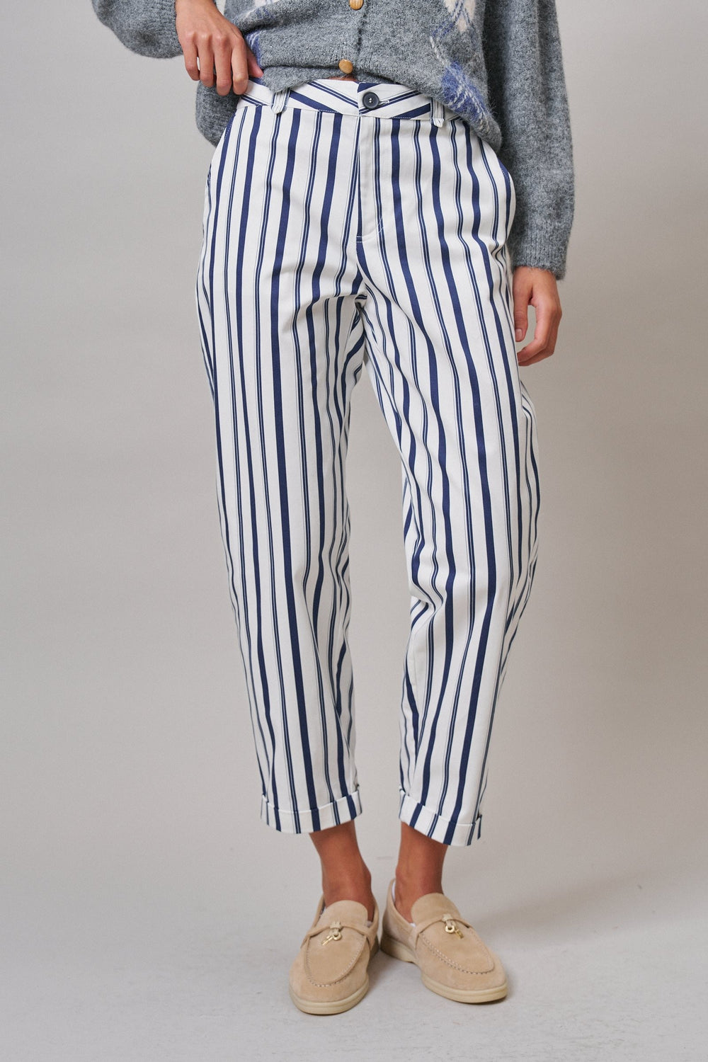 Harbor Stripe Cropped Pants in Ivory Navy - Women's Wholesale Casual Pants | Trend Notes