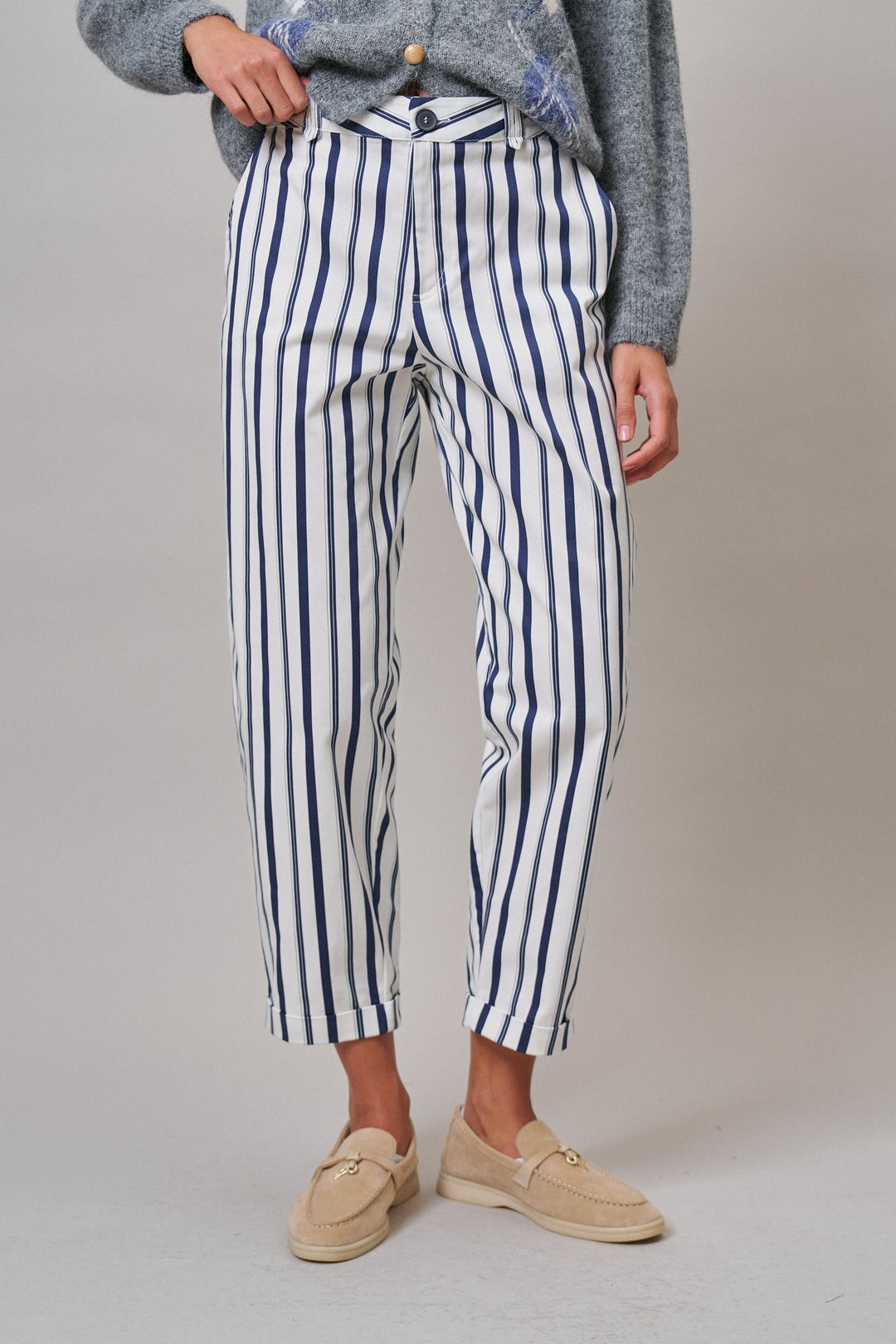 Harbor Stripe Cropped Pants in Ivory Navy - Women's Wholesale Casual Pants | Trend Notes