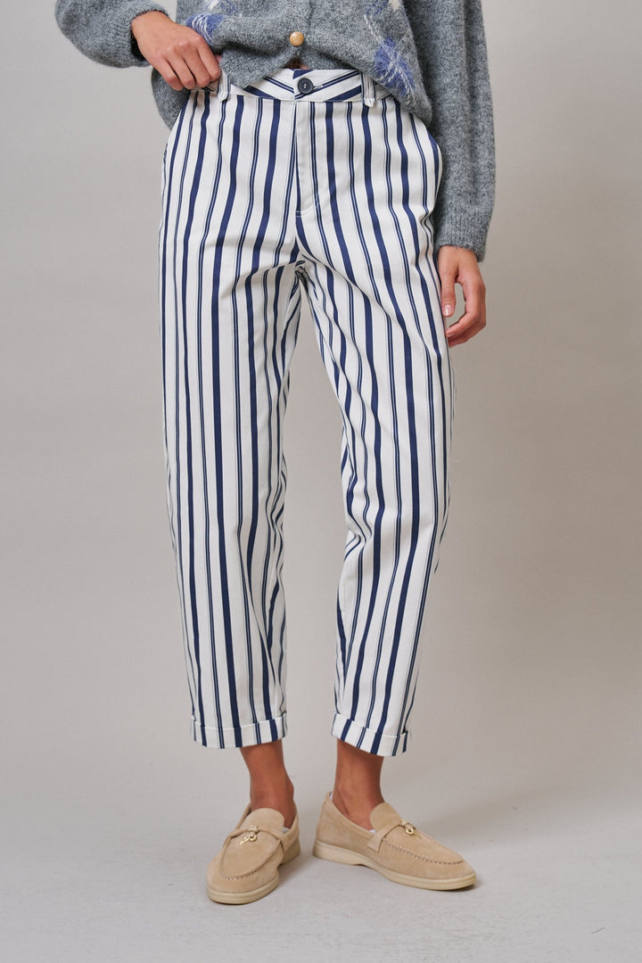 Harbor Stripe Cropped Pants in Ivory Navy - Women's Wholesale Casual Pants | Trend Notes