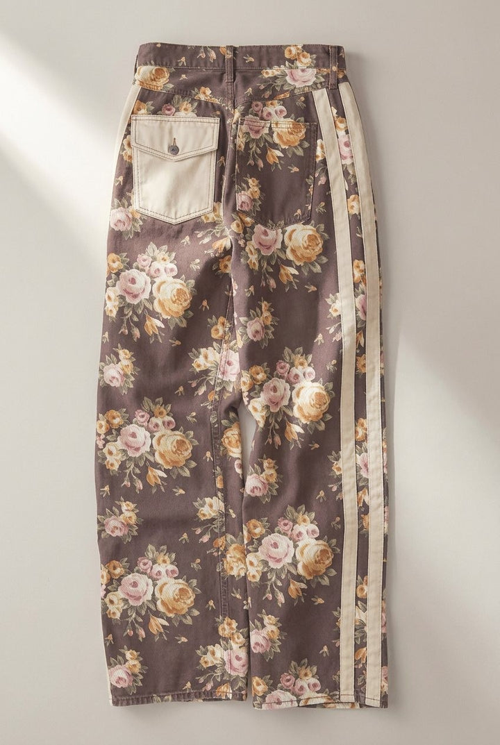 Floral Print Side Stripe Wide Leg Pants in Brown - Women's Wholesale Casual Pants | Trend Notes
