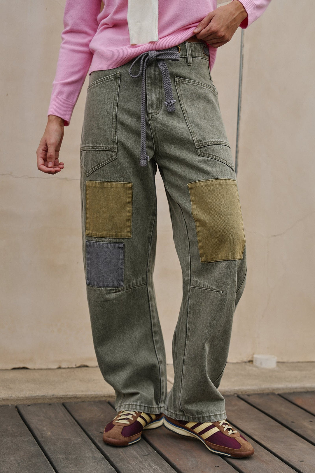 Field Note Patchwork Denim Pants in Vintage Green - Women's Wholesale Casual Pants | Trend Notes
