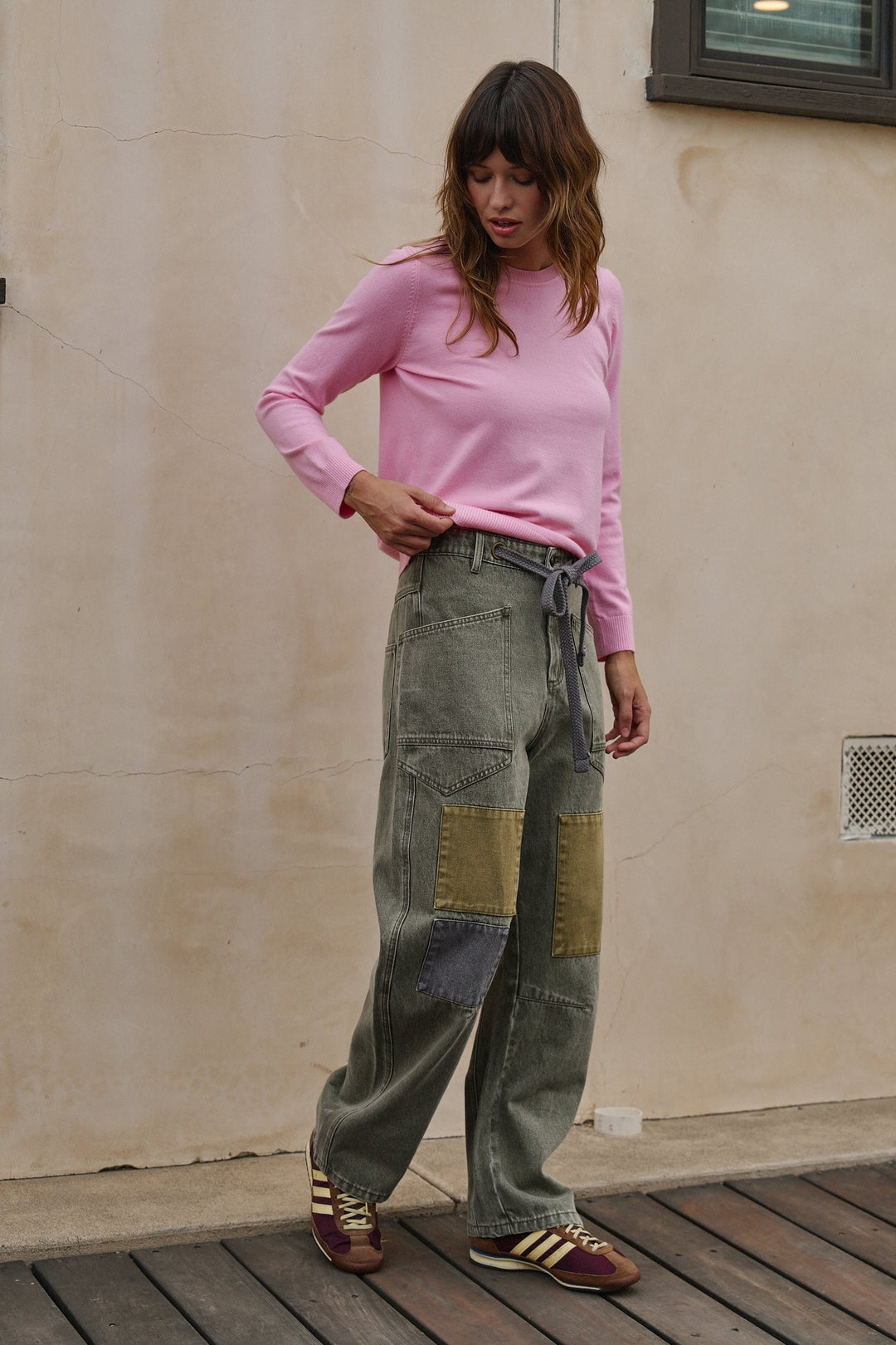 Field Note Patchwork Denim Pants in Vintage Green - Women's Wholesale Casual Pants | Trend Notes