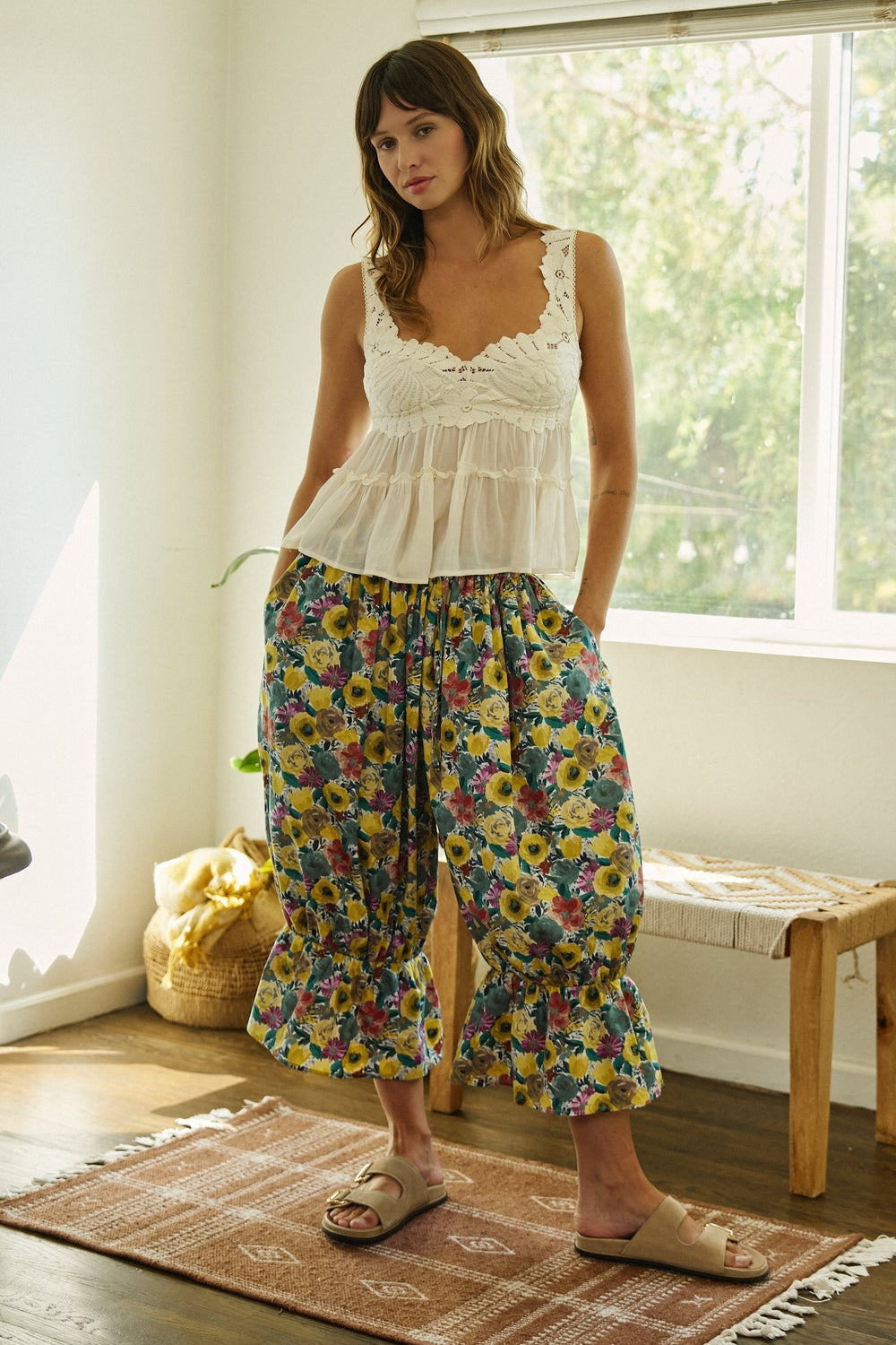 Painted Bloom Ruffle Balloon Pants in Green - Women's Wholesale Casual Pants | Trend Notes