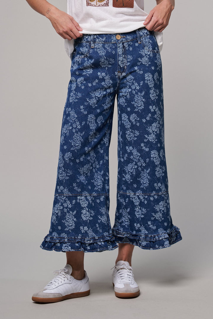 Rose Bloom Ruffle Denim Pants in Denim Blue - Women's Wholesale Casual Pants | Trend Notes