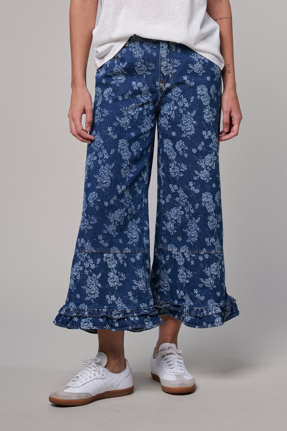 Rose Bloom Ruffle Denim Pants in Denim Blue - Women's Wholesale Casual Pants | Trend Notes