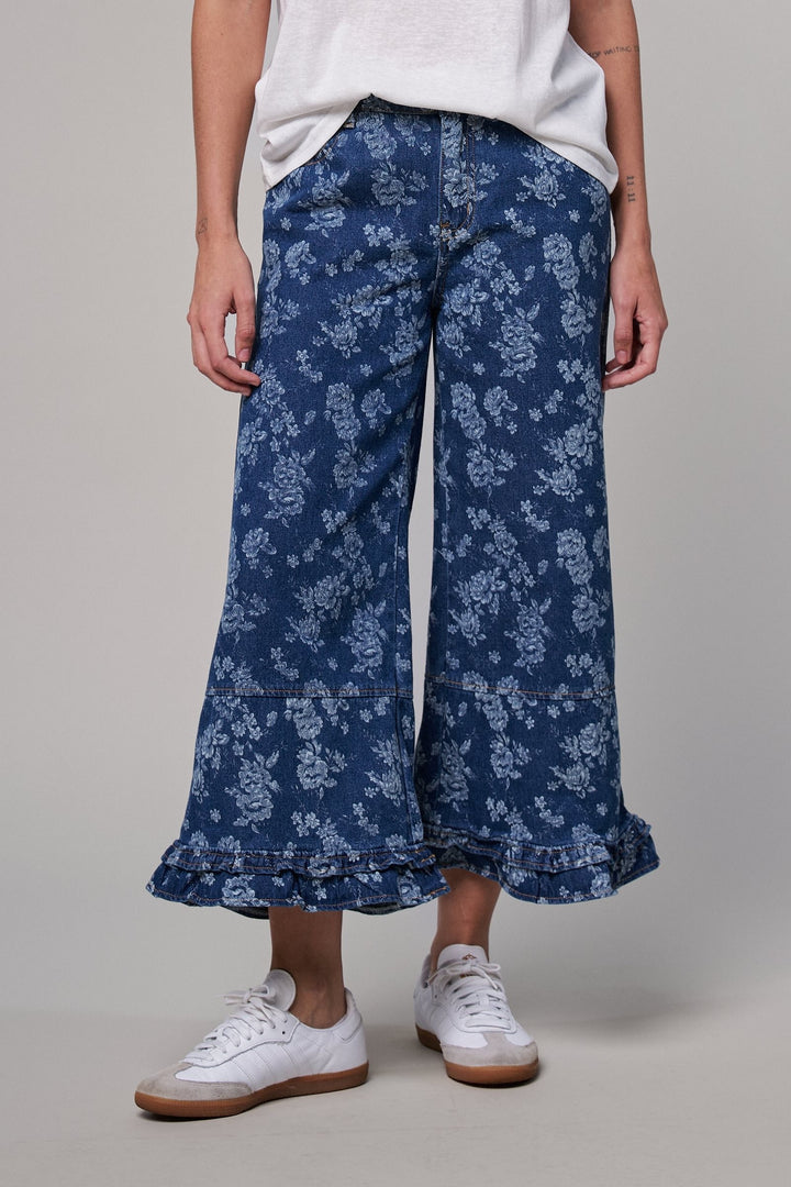 Rose Bloom Ruffle Denim Pants in Denim Blue - Women's Wholesale Casual Pants | Trend Notes
