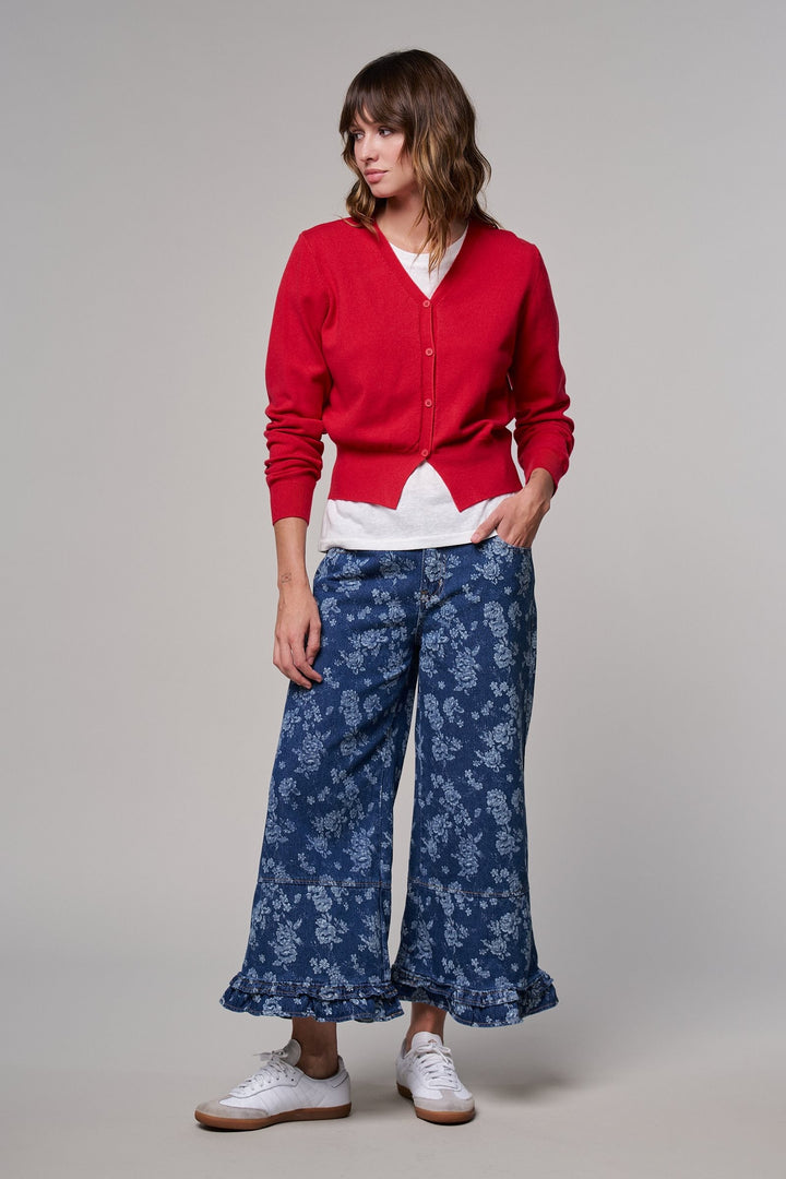 Rose Bloom Ruffle Denim Pants in Denim Blue - Women's Wholesale Casual Pants | Trend Notes