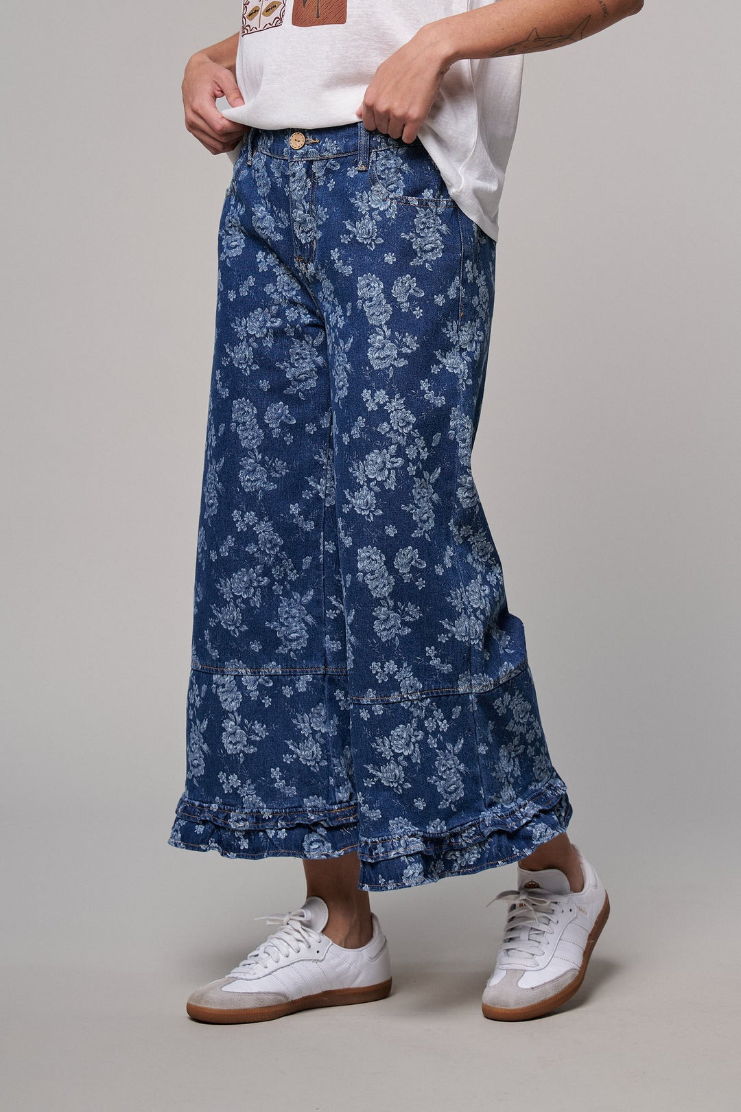 Rose Bloom Ruffle Denim Pants in Denim Blue - Women's Wholesale Casual Pants | Trend Notes