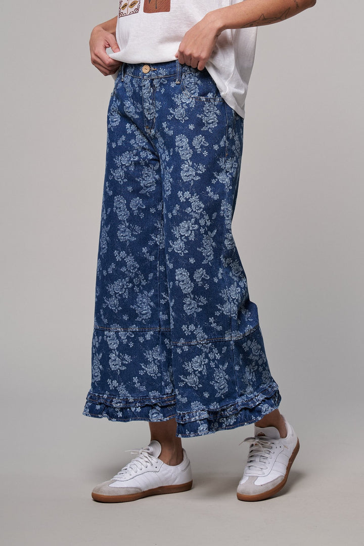 Rose Bloom Ruffle Denim Pants in Denim Blue - Women's Wholesale Casual Pants | Trend Notes