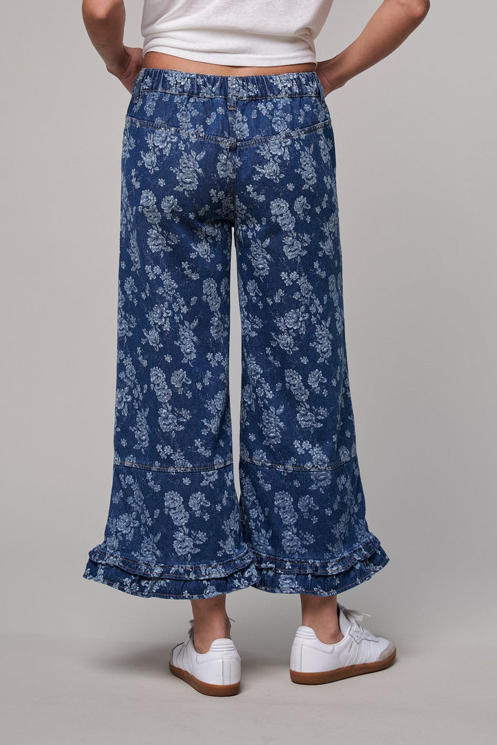 Rose Bloom Ruffle Denim Pants in Denim Blue - Women's Wholesale Casual Pants | Trend Notes
