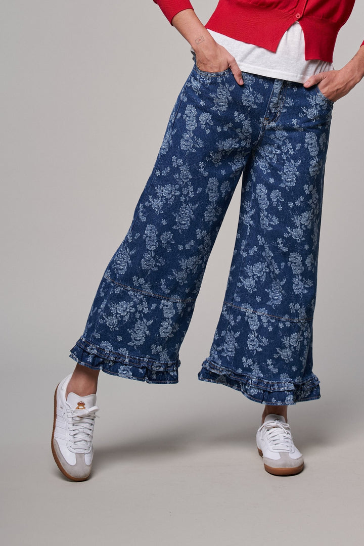 Rose Bloom Ruffle Denim Pants in Denim Blue - Women's Wholesale Casual Pants | Trend Notes