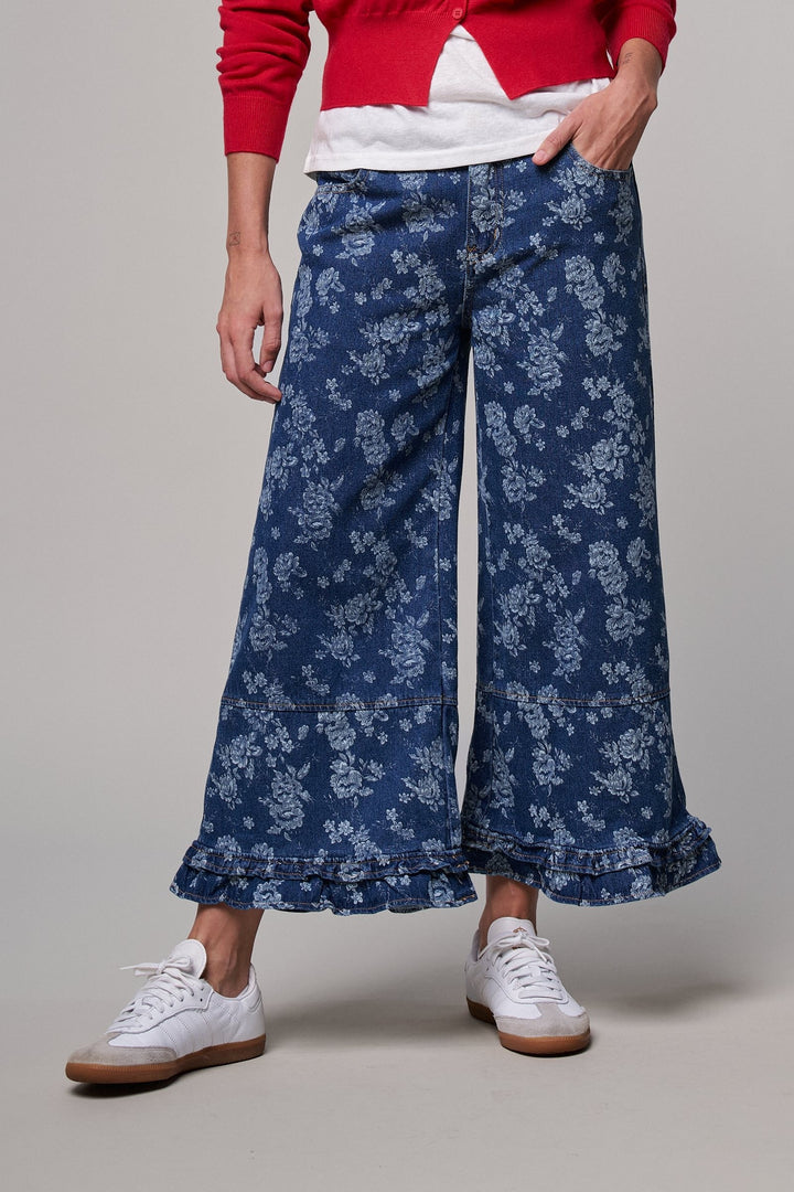 Rose Bloom Ruffle Denim Pants in Denim Blue - Women's Wholesale Casual Pants | Trend Notes