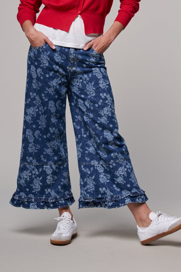 Rose Bloom Ruffle Denim Pants in Denim Blue - Women's Wholesale Casual Pants | Trend Notes