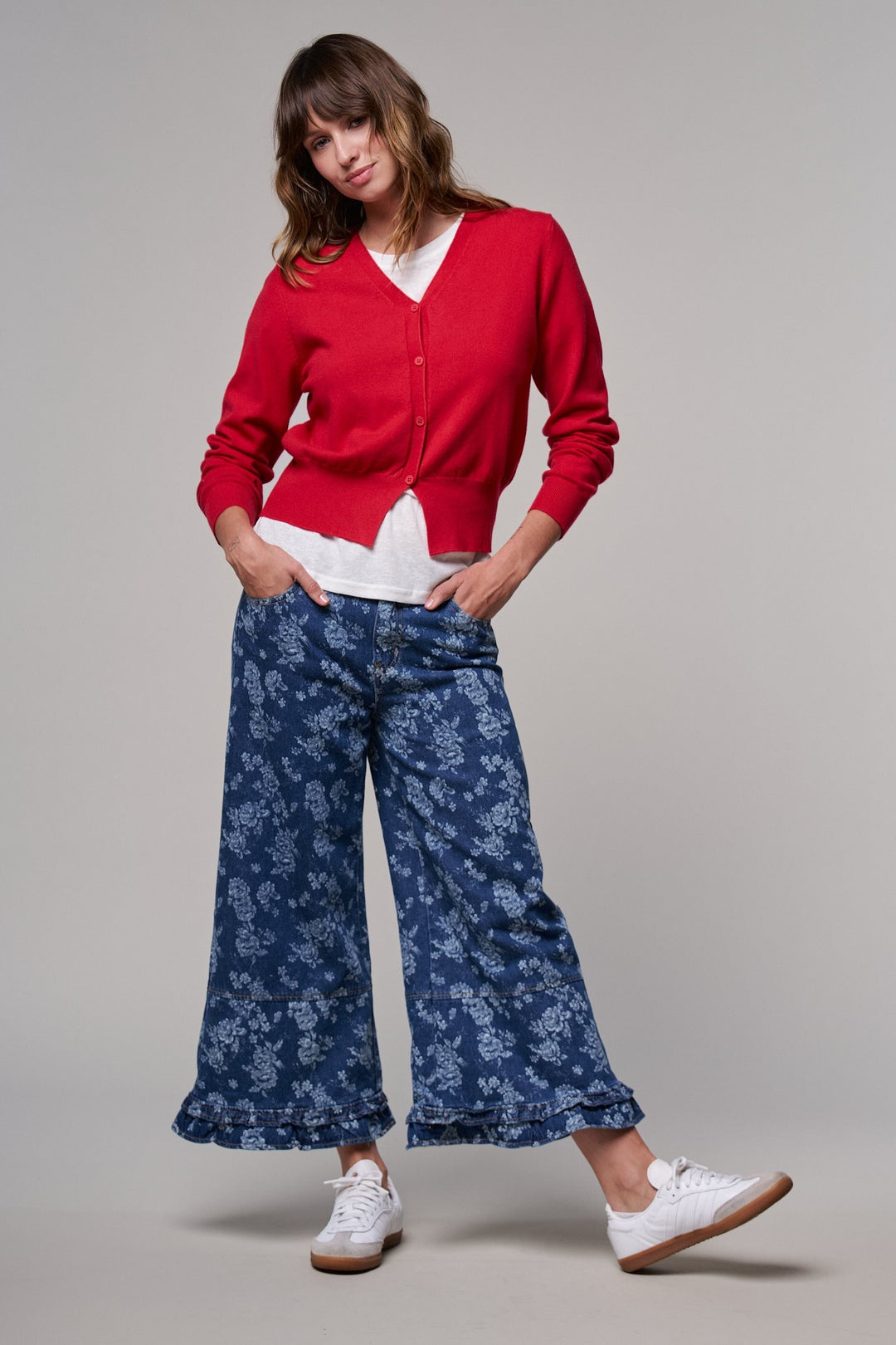 Rose Bloom Ruffle Denim Pants in Denim Blue - Women's Wholesale Casual Pants | Trend Notes