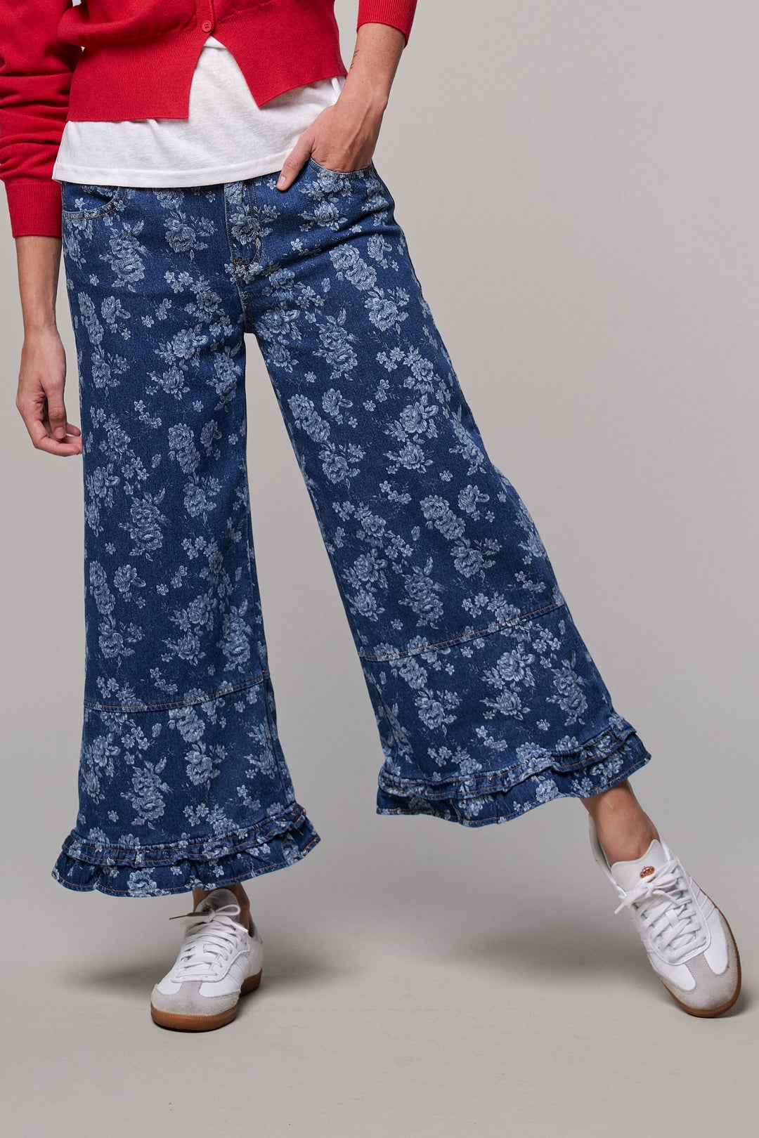 Rose Bloom Ruffle Denim Pants in Denim Blue - Women's Wholesale Casual Pants | Trend Notes