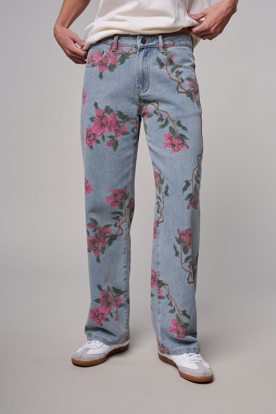 Rose Trellis Floral Wide Leg Jeans in Blue - Women's Wholesale Casual Pants | Trend Notes