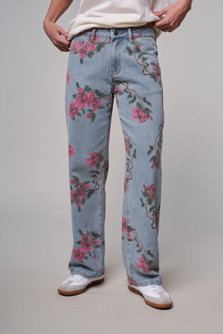 Rose Trellis Floral Wide Leg Jeans in Blue - Women's Wholesale Casual Pants | Trend Notes