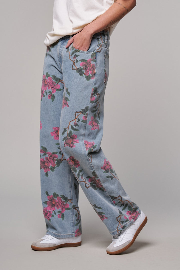 Rose Trellis Floral Wide Leg Jeans in Blue - Women's Wholesale Casual Pants | Trend Notes