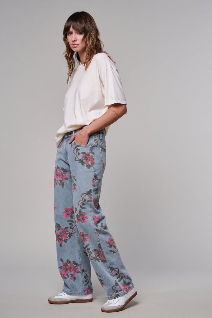 Rose Trellis Floral Wide Leg Jeans in Blue - Women's Wholesale Casual Pants | Trend Notes