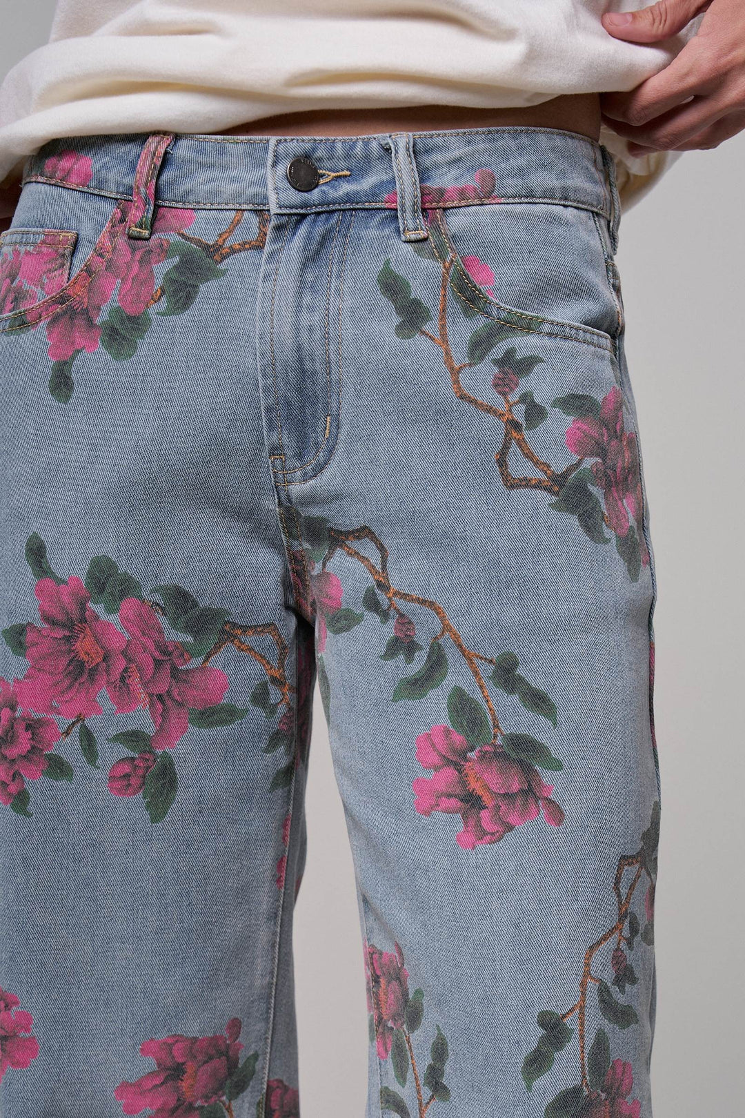 Rose Trellis Floral Wide Leg Jeans in Blue - Women's Wholesale Casual Pants | Trend Notes