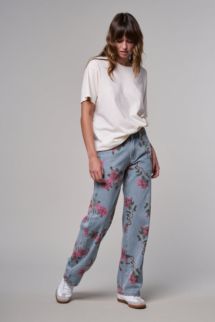 Rose Trellis Floral Wide Leg Jeans in Blue - Women's Wholesale Casual Pants | Trend Notes
