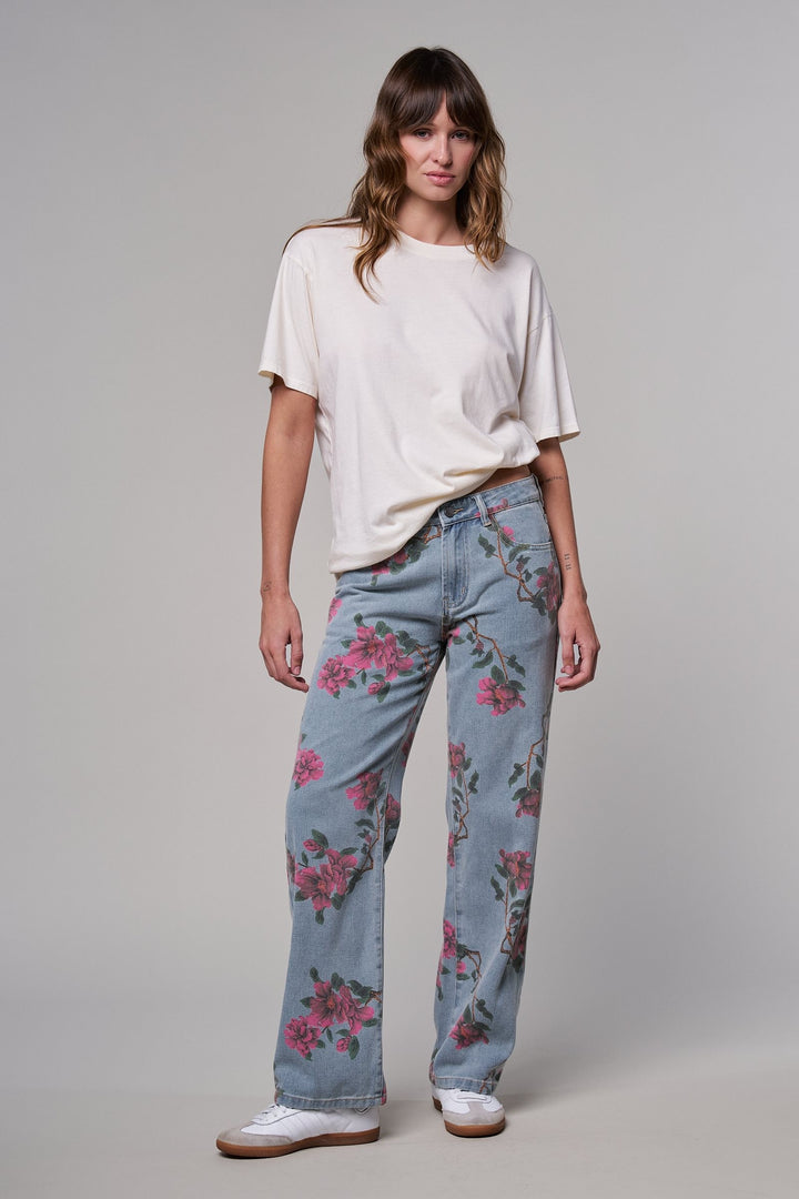 Rose Trellis Floral Wide Leg Jeans in Blue - Women's Wholesale Casual Pants | Trend Notes