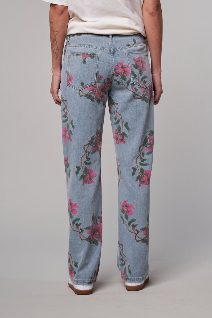 Rose Trellis Floral Wide Leg Jeans in Blue - Women's Wholesale Casual Pants | Trend Notes