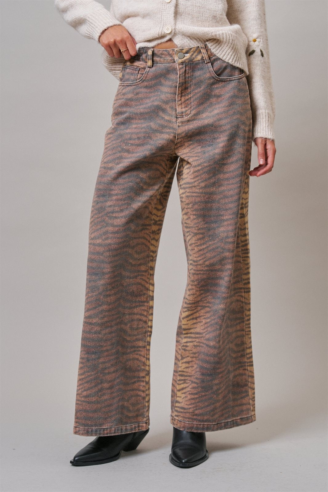 Animal Print Wide Leg Denim Pants in Brown - Women's Wholesale Casual Pants | Trend Notes
