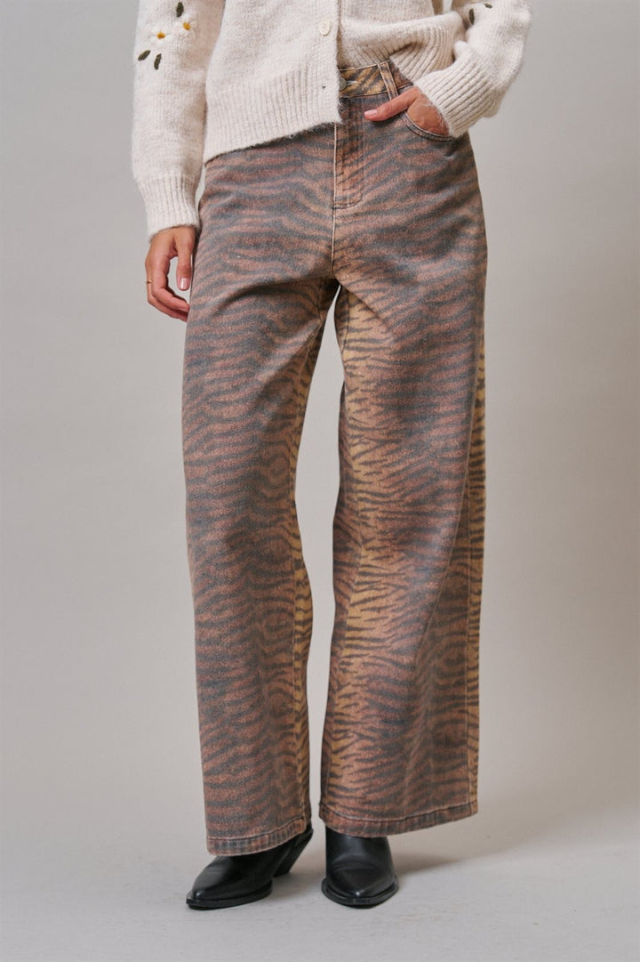 Animal Print Wide Leg Denim Pants in Brown - Women's Wholesale Casual Pants | Trend Notes