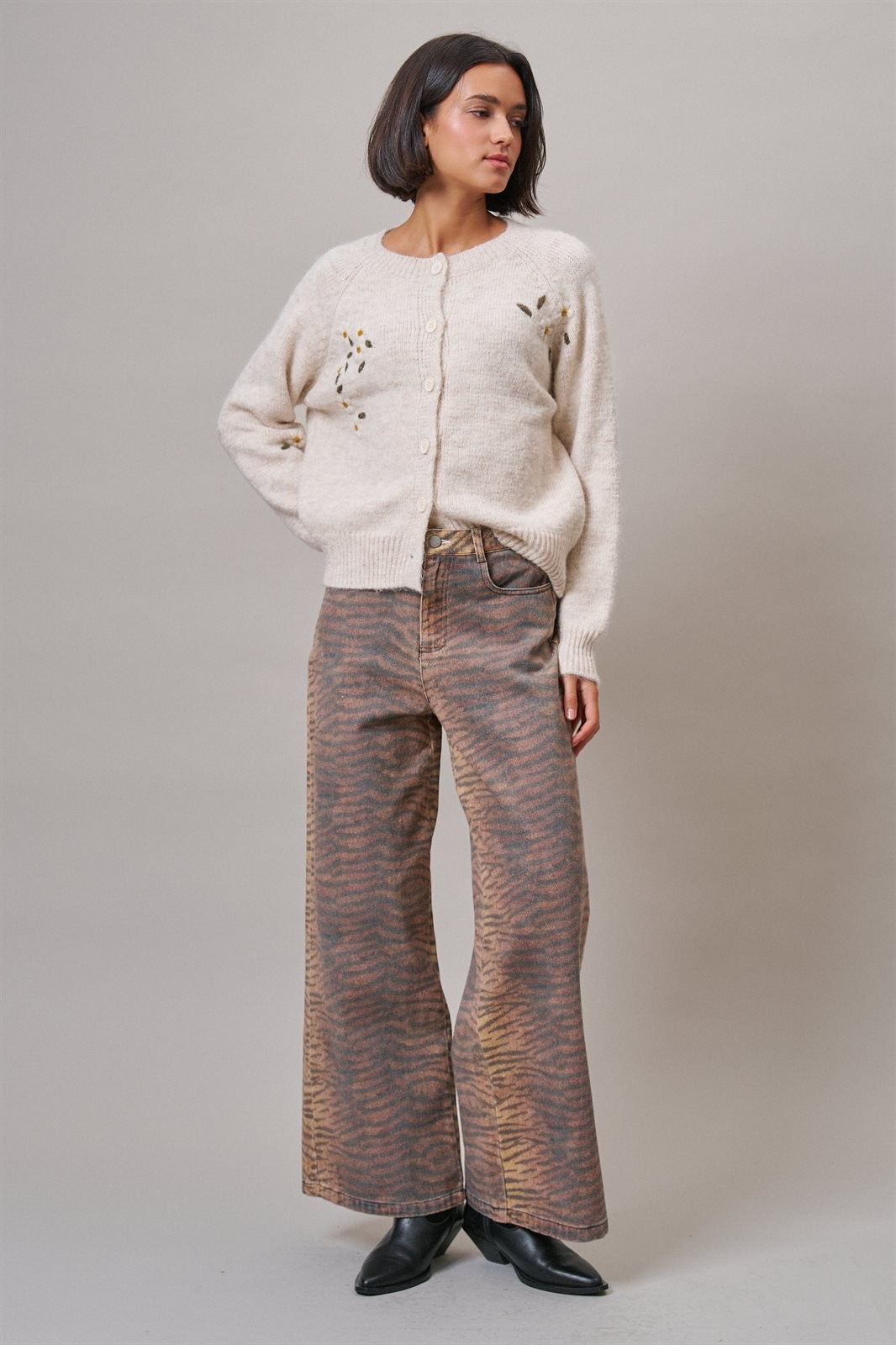 Animal Print Wide Leg Denim Pants in Brown - Women's Wholesale Casual Pants | Trend Notes