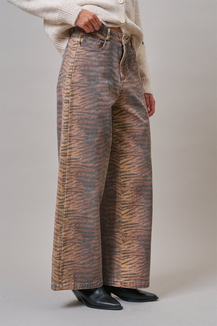 Animal Print Wide Leg Denim Pants in Brown - Women's Wholesale Casual Pants | Trend Notes
