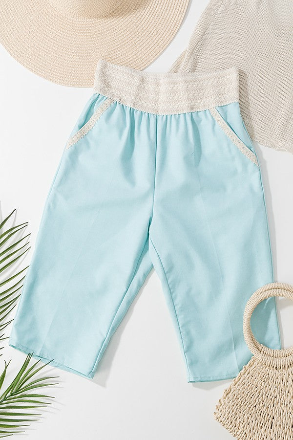 Boho Linen Pants Set with Crochet Waistband in Mint - Women's Wholesale Casual Shorts | Trend Notes