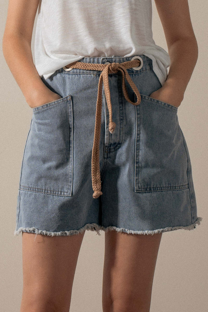 Rope-Tie High-Waisted Denim Shorts in Denim - Women's Wholesale Shorts | Trend Notes