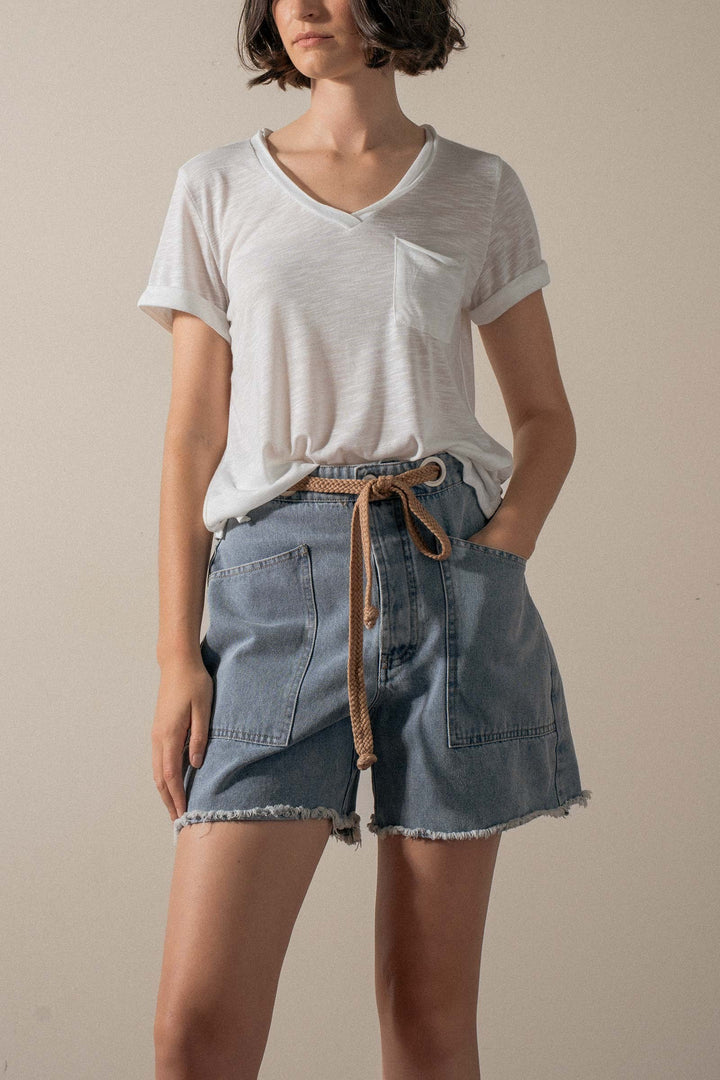 Rope-Tie High-Waisted Denim Shorts in Denim - Women's Wholesale Shorts | Trend Notes