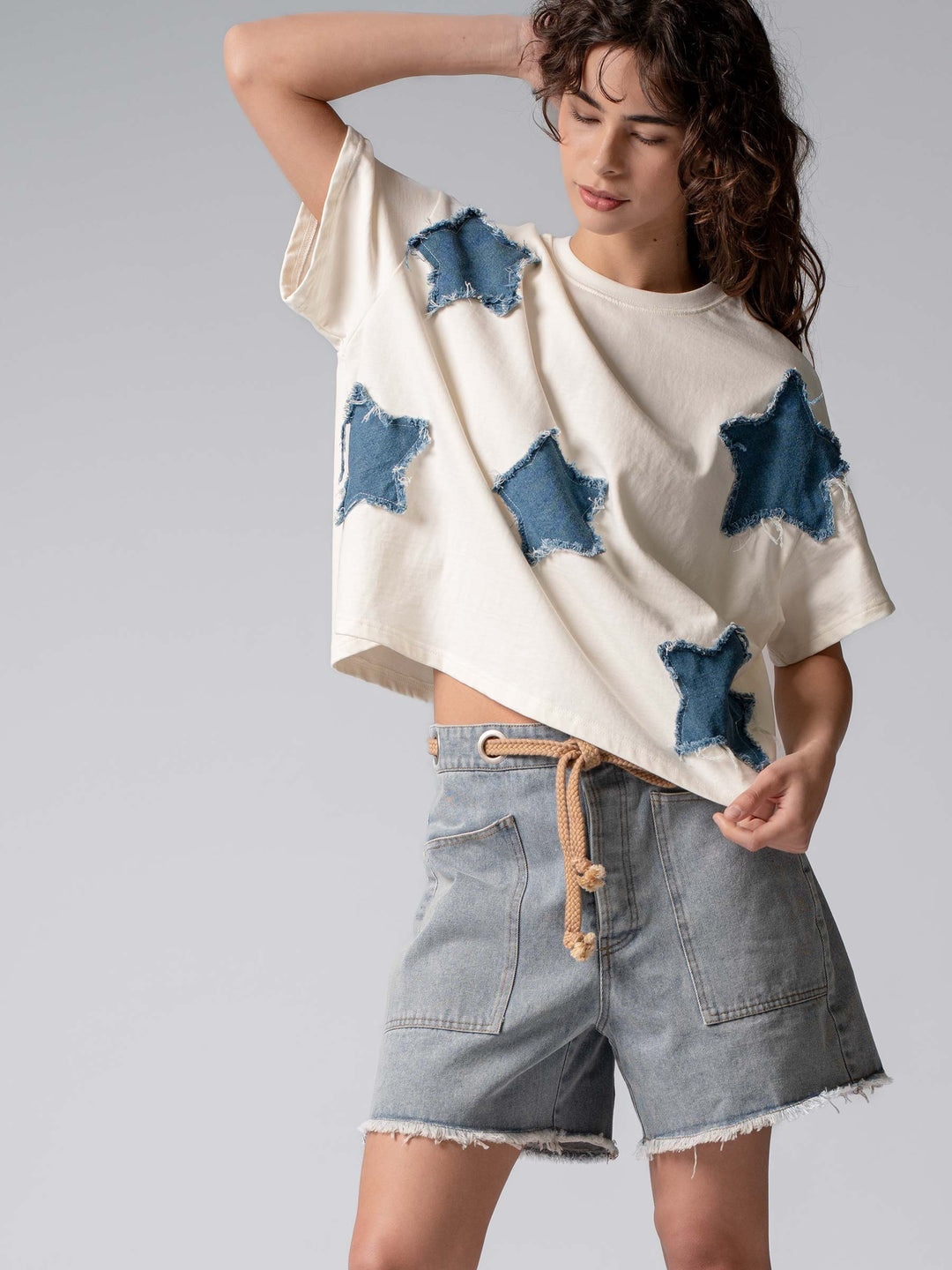 Rope-Tie High-Waisted Denim Shorts in Denim - Women's Wholesale Shorts | Trend Notes