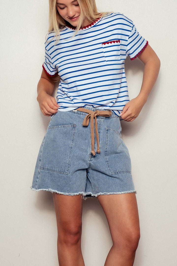 Rope-Tie High-Waisted Denim Shorts in Denim - Women's Wholesale Shorts | Trend Notes