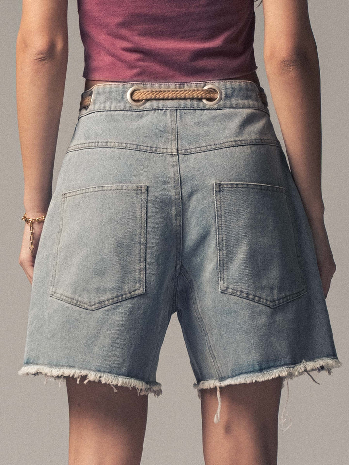 Rope-Tie High-Waisted Denim Shorts in Denim - Women's Wholesale Shorts | Trend Notes
