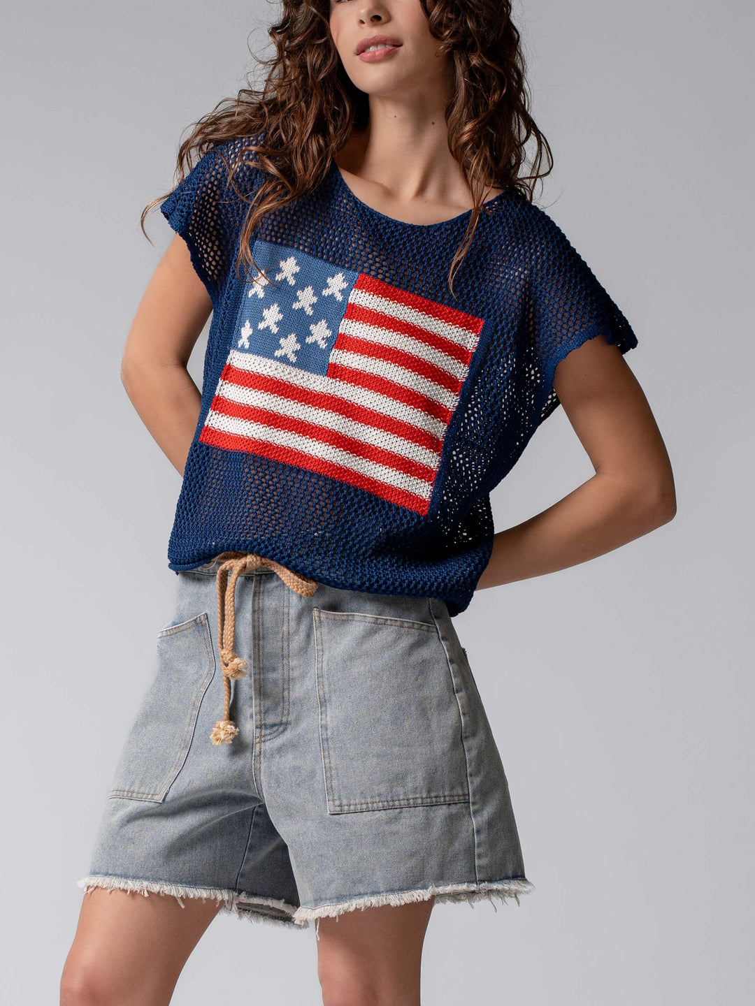 Rope-Tie High-Waisted Denim Shorts in Denim - Women's Wholesale Shorts | Trend Notes