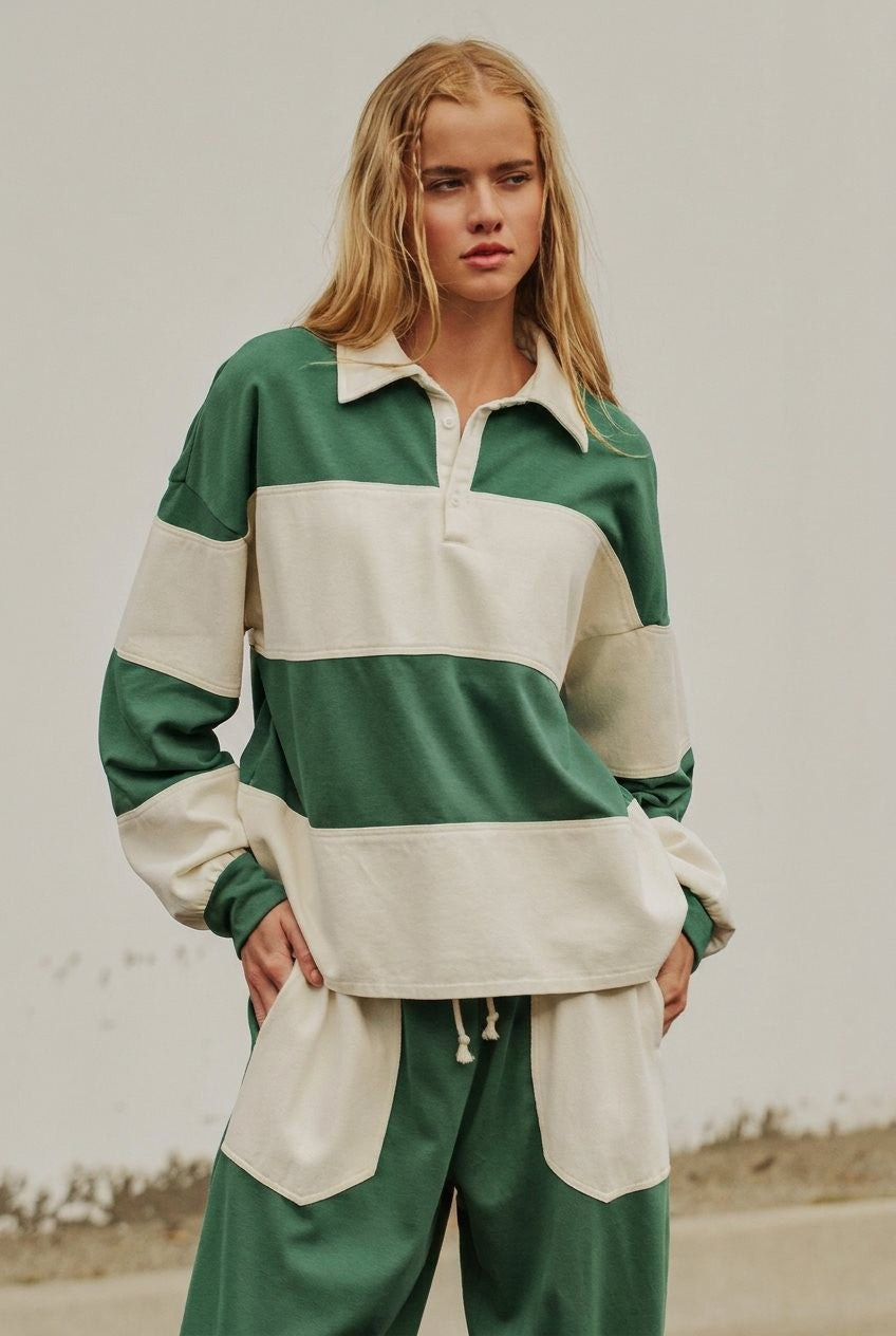 Color Block Rugby Shirt Long Sleeve Polo Pullover Preppy Bac in Green - Women's Wholesale Shorts | Trend Notes